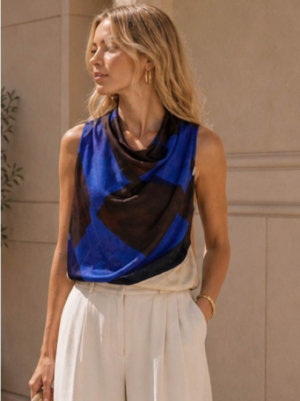 ZARA NWT Printed Draped Top | Blue Brown Abstract Sleeveless Blouse Luxe Resort